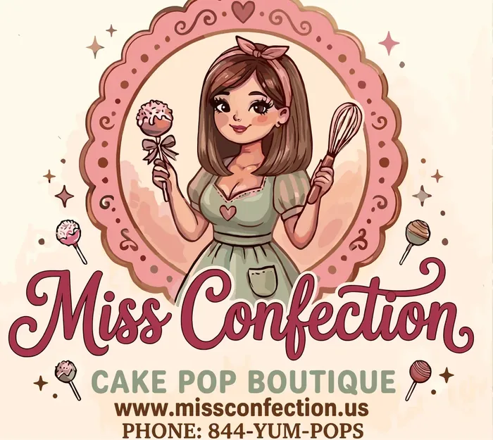 The Miss Confection cake pop boutique logo, a hand drawn baker holding a cake pop and a whisk