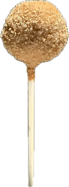 Close up of a Salted Caramel cake pop with a dusting of salted caramel sugar