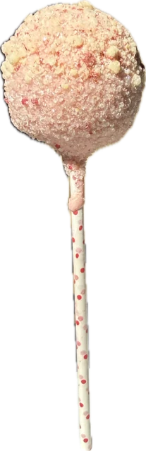 Strawberry Shortcake gourmet cake pop on a stick, strawberry cake dipped in ruby chocolate and sugar crystals